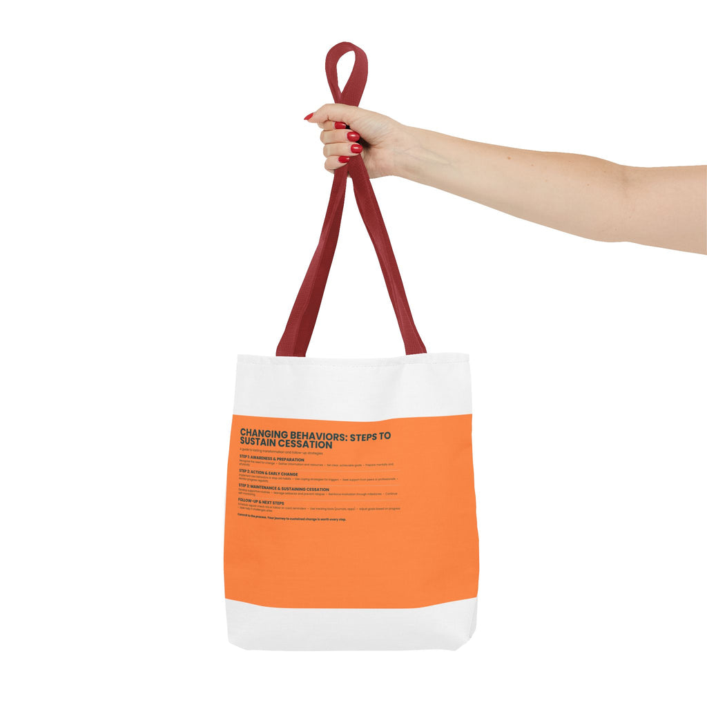 Tote Bag — Minimal Orange Accent Canvas Tote with 'Changing Behaviors: Steps to Sustain Creation' Text