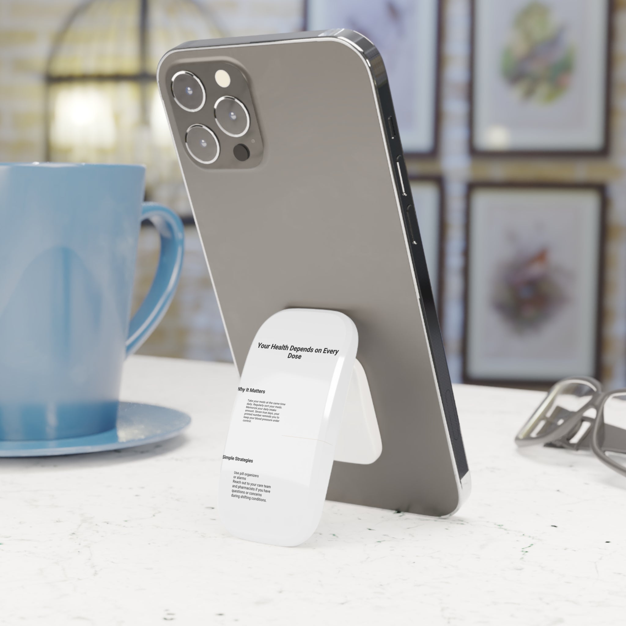 Phone Grip Stand — "Your Health Depends on Every Dose" Minimalist Medication Reminder