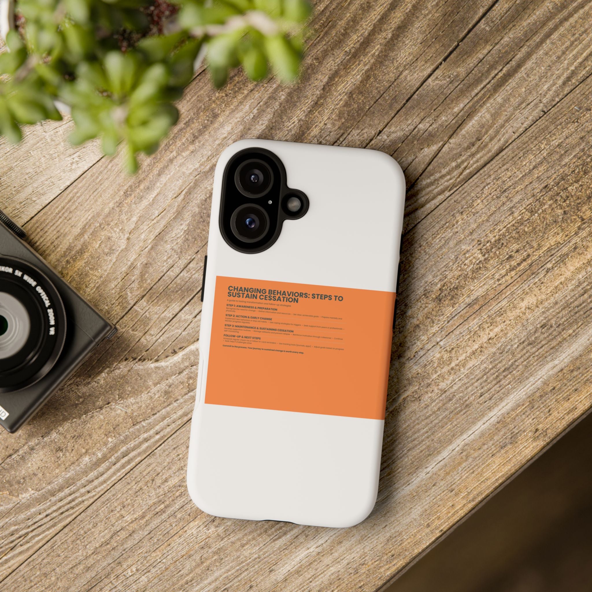 Phone Case — Minimal Orange Block Design with 'Changing Behaviors: Steps to Sustain Cessation' Text