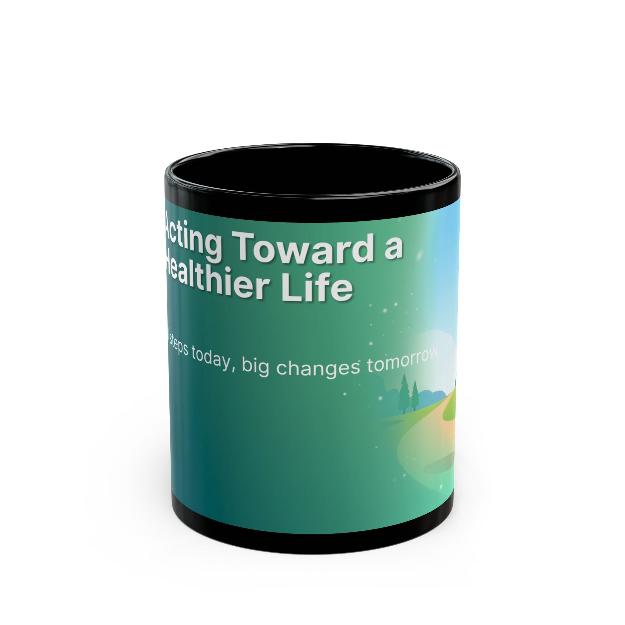 Motivational Journey Black Mug — "Stepping Toward a Healthier Life" Inspirational Coffee Cup