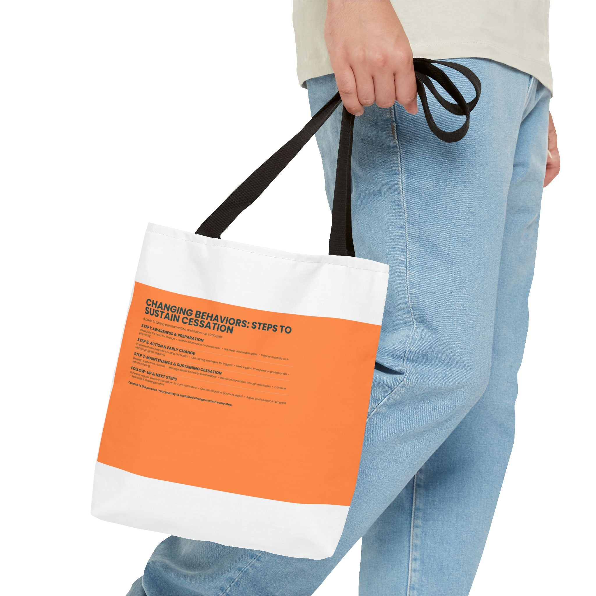 Tote Bag — Minimal Orange Accent Canvas Tote with 'Changing Behaviors: Steps to Sustain Creation' Text