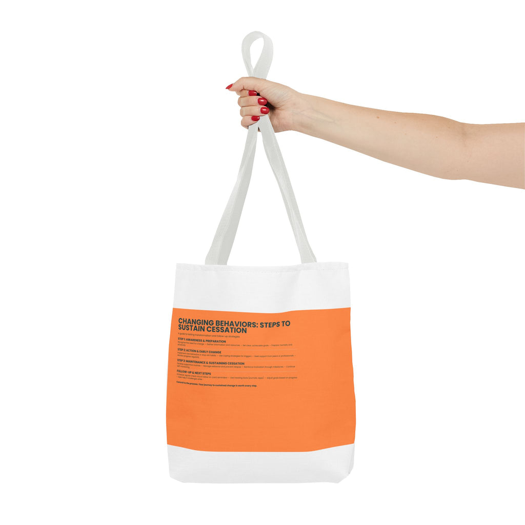 Tote Bag — Minimal Orange Accent Canvas Tote with 'Changing Behaviors: Steps to Sustain Creation' Text