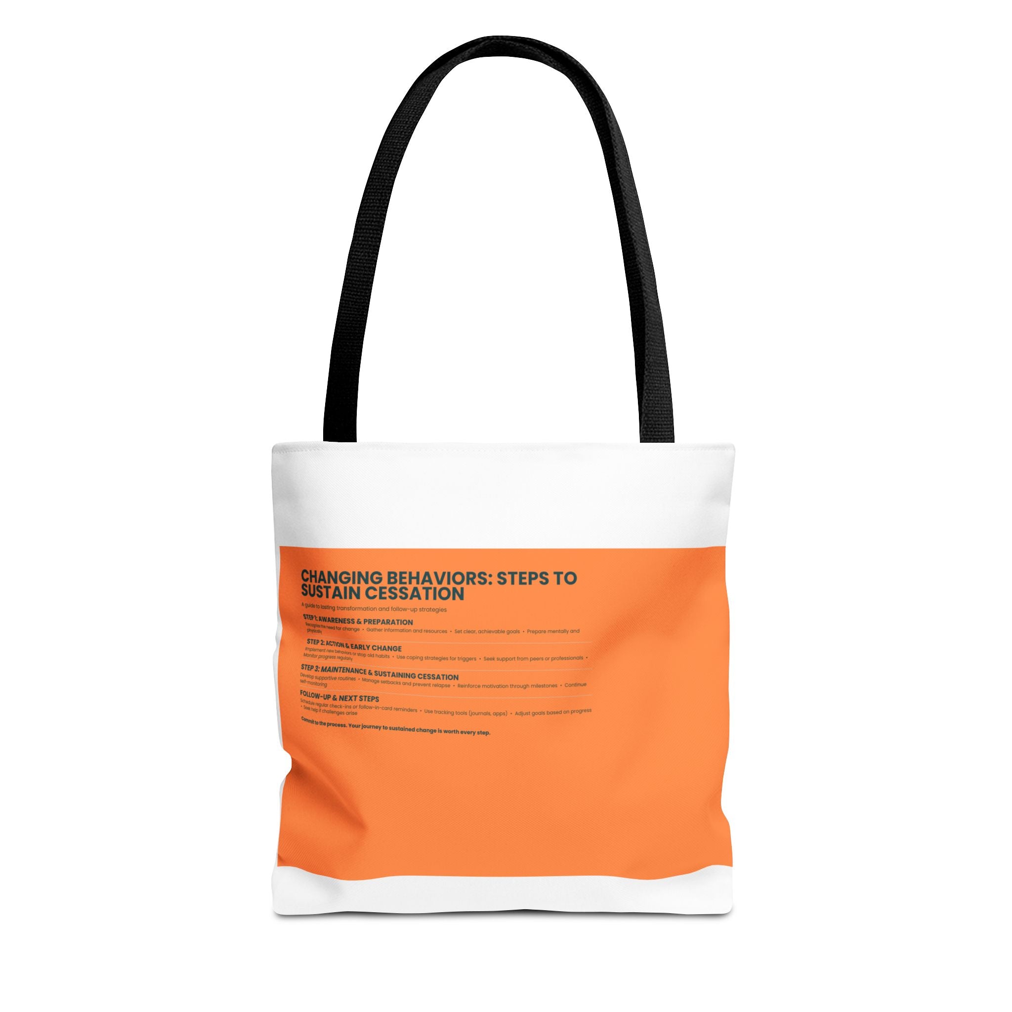 Tote Bag — Minimal Orange Accent Canvas Tote with 'Changing Behaviors: Steps to Sustain Creation' Text