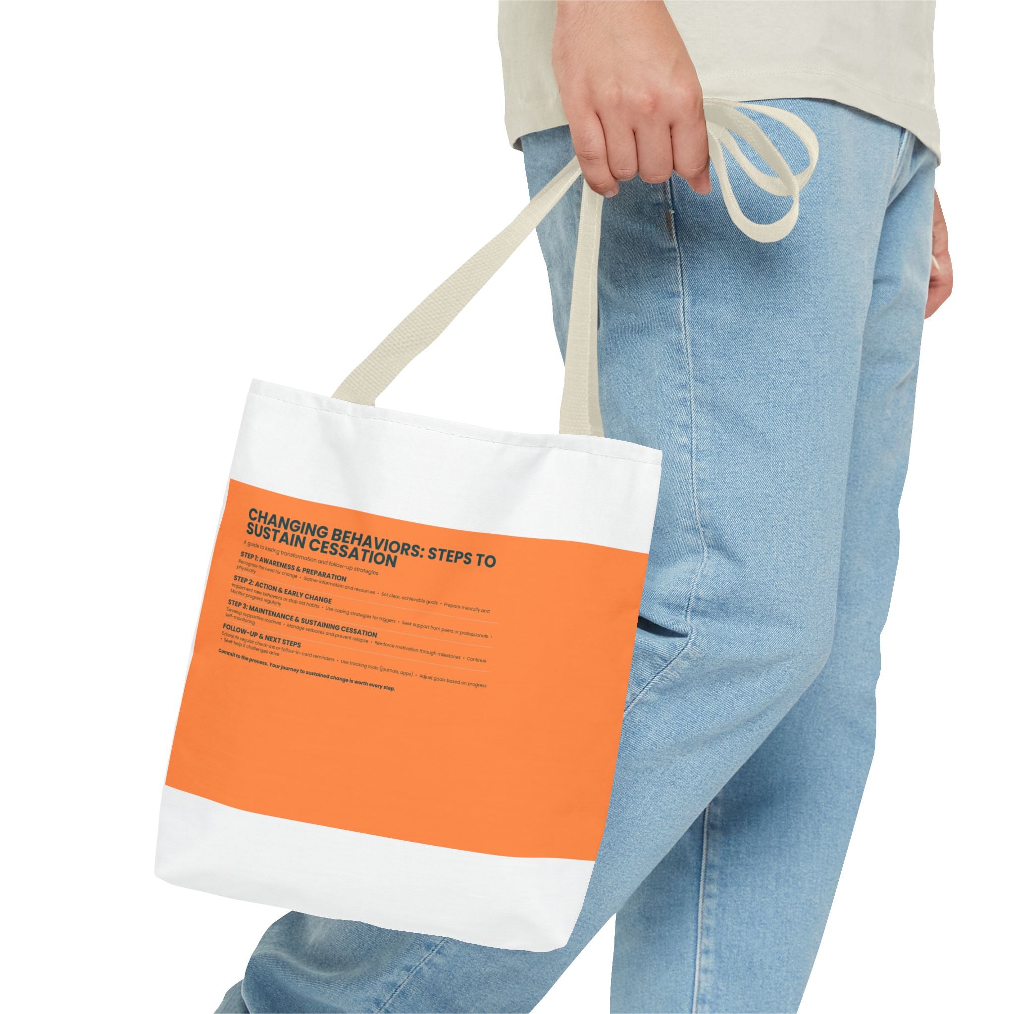 Tote Bag — Minimal Orange Accent Canvas Tote with 'Changing Behaviors: Steps to Sustain Creation' Text