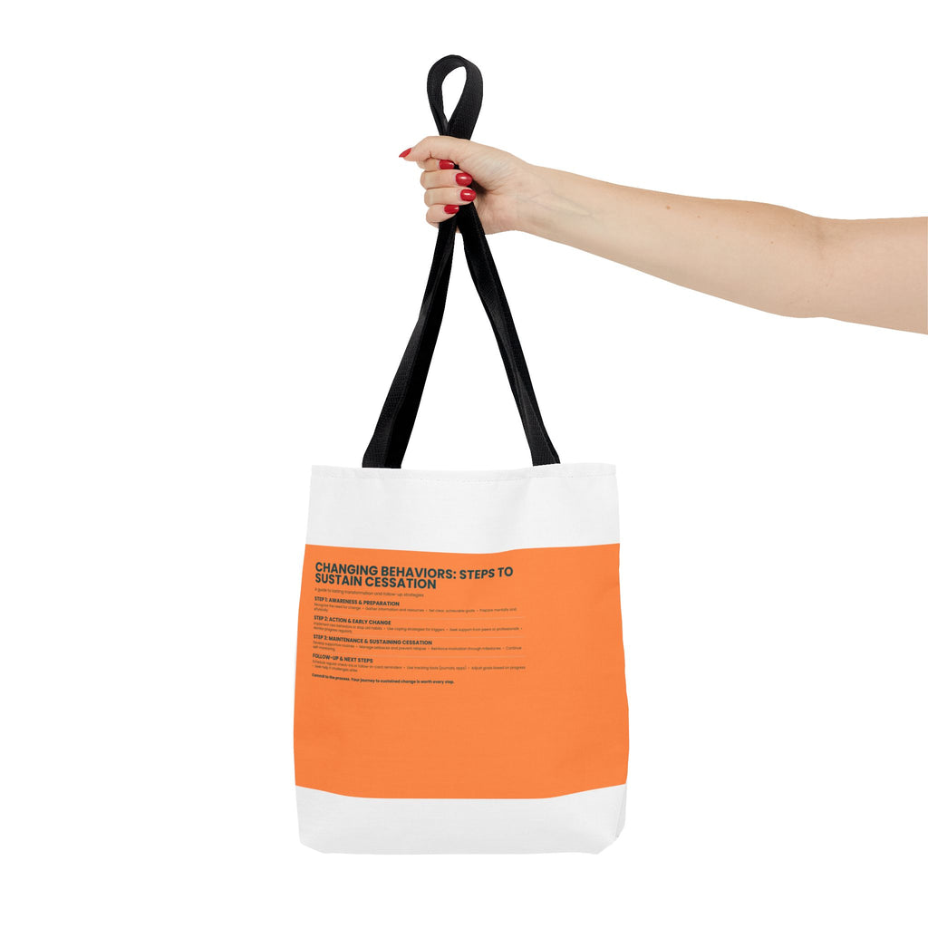 Tote Bag — Minimal Orange Accent Canvas Tote with 'Changing Behaviors: Steps to Sustain Creation' Text