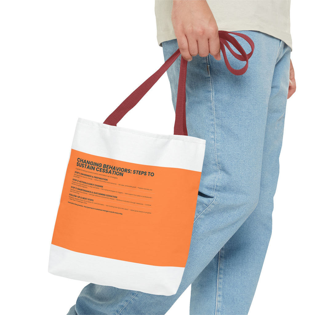 Tote Bag — Minimal Orange Accent Canvas Tote with 'Changing Behaviors: Steps to Sustain Creation' Text